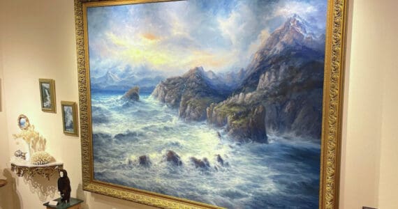 Photo courtesy Barnabus Firth, executive director of the Norman Lowell Art Gallery Foundation
Norman Lowell’s 72- by 96-inch painting, “The Sea,” is photographed May 6, 2024, at the Norman Lowell Art Gallery north of Homer. The work was based on sketches from a painting trip to the Aleutian Islands.