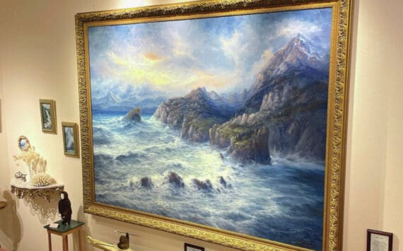 Photo courtesy Barnabus Firth, executive director of the Norman Lowell Art Gallery Foundation
Norman Lowell’s 72- by 96-inch painting, “The Sea,” is photographed May 6, 2024, at the Norman Lowell Art Gallery north of Homer. The work was based on sketches from a painting trip to the Aleutian Islands.