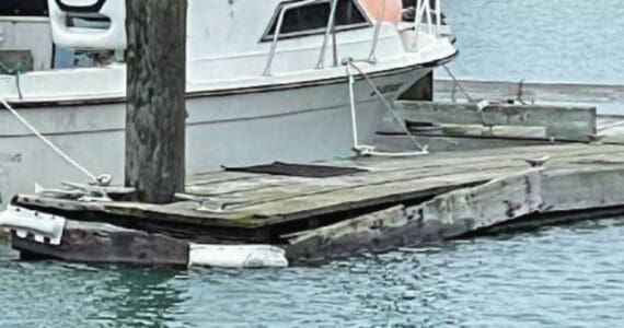 Photo provided by the City of Homer
An existing float, with damaged timber waler, rubboard and decking, is in need of repair on CC in the Homer Harbor.