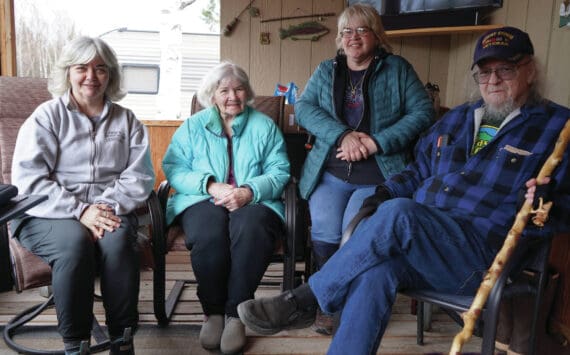 Jake Dye/Peninsula Clarion
From left: Donna Anderson, Betty Stephenson, Sue Stephenson and Eddie Thomas gather for a photo at Dot’s Kenai River Fish Camp in Sterling, on Saturday.