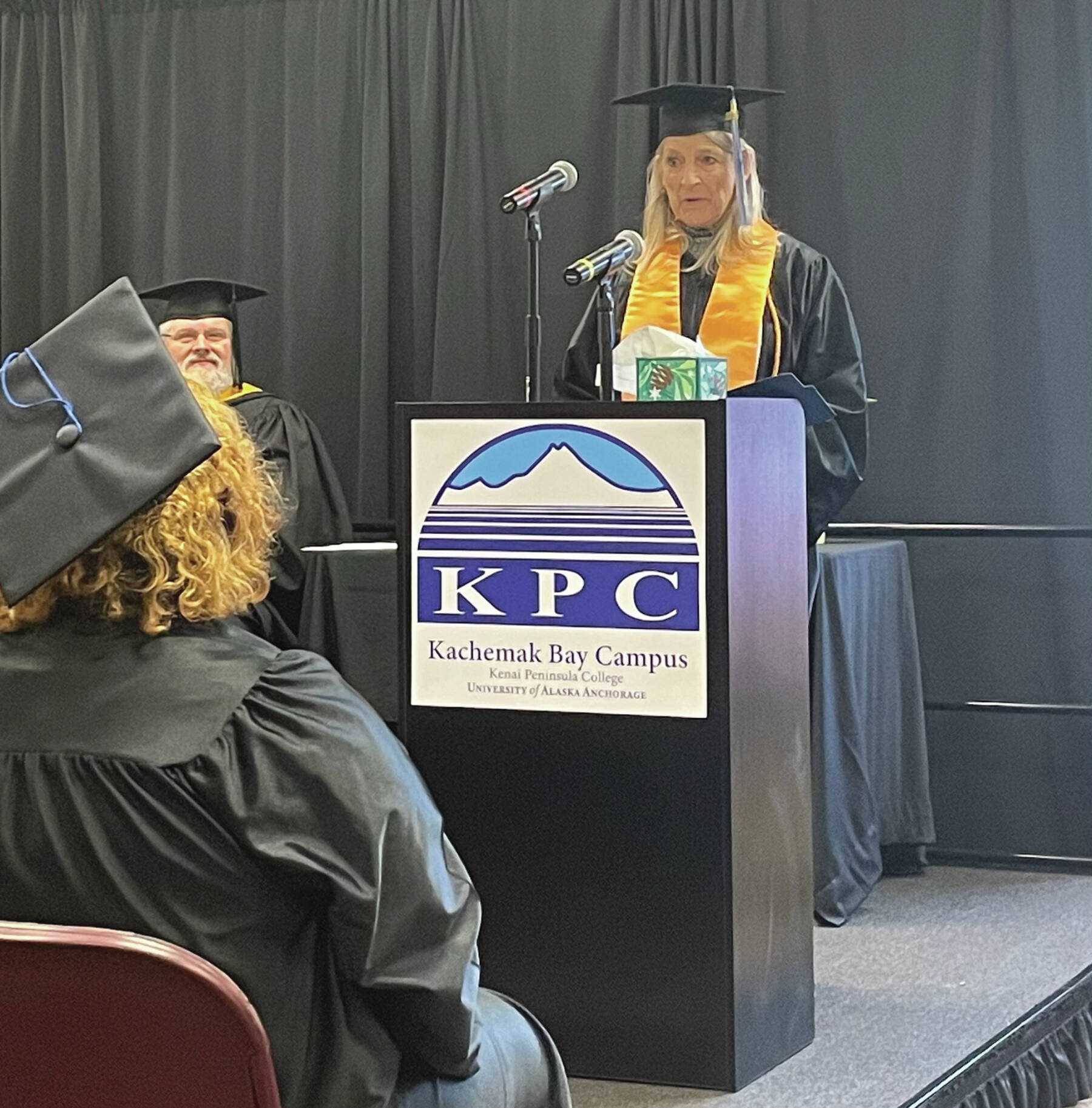 Trisha Jean Davis, Bachelor of Arts in History, provides the valedictorian address at the KBC commencement exercises on the campus on May 8, 2024, in Homer, Alaska. (Emilie Springer/ Homer News)