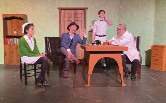 Crane Jackinsky as Nurse Kelly; Tyler Munns as Elwood P. Dowd; Dayus Anthony as Wilson; and Mike Tupper as Dr. Sanderson rehears a scene from Harvey on Monday at Pier One Theatre. Photo provided by Val Sheppard.
