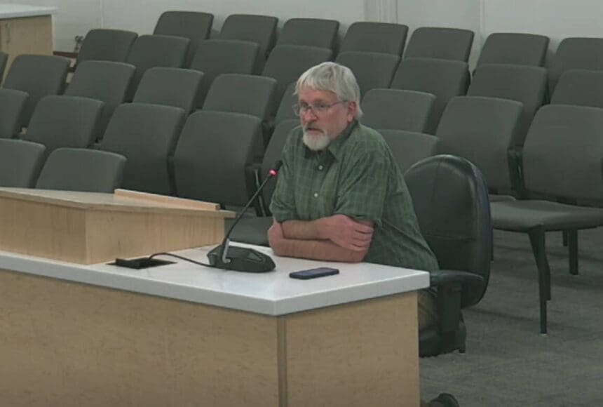<p>Kenai Peninsula Borough Planning Director Robert Ruffner answers questions posed by borough assembly members on Ordinance 2024-11 during the Lands Committee meeting on Tuesday, May 21, 2024 in Soldotna, Alaska. (Screenshot)</p>