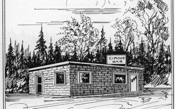 This 1961 drawing of the Circus Bar, east of Soldotna, was created by Connie Silver for a travel guide called Alaska Highway Sketches. The bar was located across the Sterling Highway from land that was later developed into the Birch Ridge Golf Course.