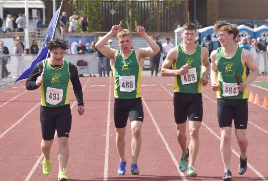 <p>Seward’s Jerick Senecal, Ronan Bickling, Gideon Schrock and Emerson Cross won the 400-meter relay at the Division II state track and field meet Saturday, May 25, 2024, at Dimond High School in Anchorage, Alaska. (Photo by Jeff Helminiak/Peninsula Clarion)</p>