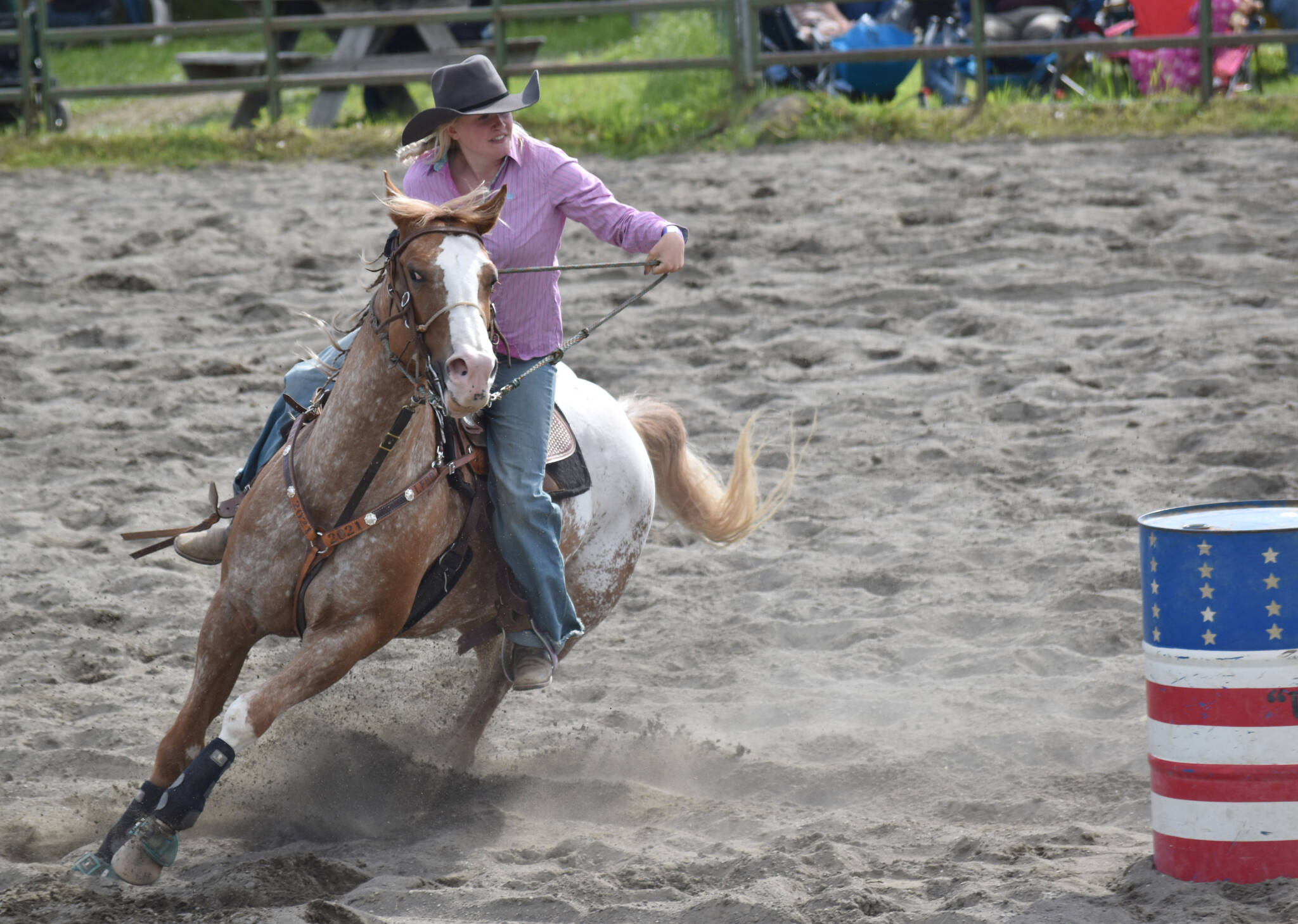 Soldotna’s Hali Hanson competes in Open Barrels on Saturday, June 28, 2025, in the second Soldotna Equestrian Association rodeo of the year at the Soldotna Rodeo Grounds in Soldotna, Alaska. (Photo by Jeff Helminiak/Peninsula Clarion)