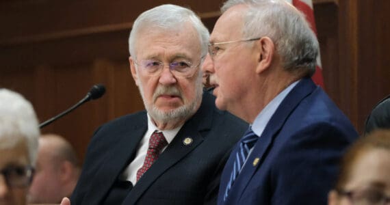 Alaska Senate President Gary Stevens, a Kodiak Republican, left, talks with House Speaker Bryce Edgmon, a Dillingham independent, before Republican Gov. Mike Dunleavy’s State of the State speech on Tuesday, Jan. 28, 2025, at the Alaska State Capitol. (Klas Stolpe/Juneau Empire)