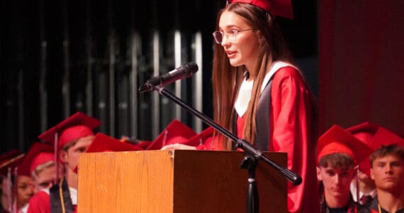 Salutatorian Grace Kahn speaks during the Kenai Central High School graduation ceremony in Kenai, Alaska, on Tuesday, May 20, 2025. (Jake Dye/Peninsula Clarion)