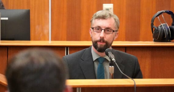 Nathan Erfurth testifies in his own defense during his trial at the Kenai Courthouse in Kenai, Alaska, on Wednesday, July 30, 2025. (Jake Dye/Peninsula Clarion)
