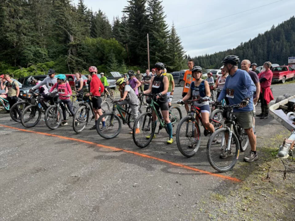 Runner and cyclists line up at the starting line near the Jakolof Bay Dock on July 26, 2025, for the annual Jakolof Bay 10 Miler in Seldovia, Alaska. Photo provided by Tania Spurkland