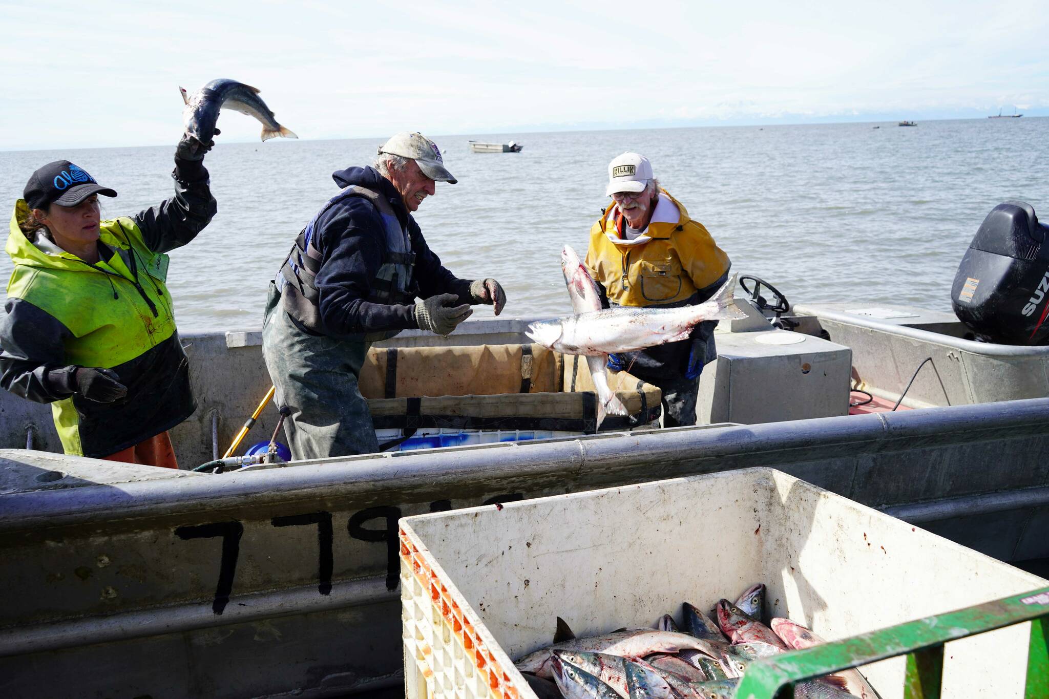 Gary Hollier, center, and other east side setnetters offload sockeye salmon on a beach in Kalifornsky, Alaska, on Wednesday, Aug. 6, 2025. (Jake Dye/Peninsula Clarion)