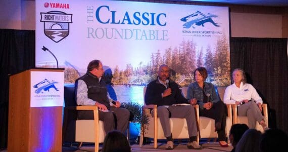 Joel Johnson, president of the National Marine Sanctuary Foundation; Carrie Hourman, lead sustainability director for Dow Climate & Circularity; and Susan Sherman, executive director of the Marine Debris Foundation, sit for a panel at the Kenai River Sportfishing Association’s Kenai Classic Roundtable at the Soldotna Regional Sports Complex in Soldotna, Alaska, on Wednesday, Aug. 21, 2024. (Jake Dye/Peninsula Clarion)