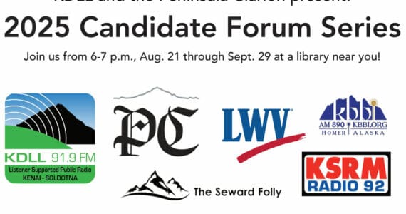 A flier for the 2025 Candidate Forum series presented by KDLL and the Peninsula Clarion describes a series of forums held at local libraries with candidates for each office. (Ashlyn O’Hara/KDLL)