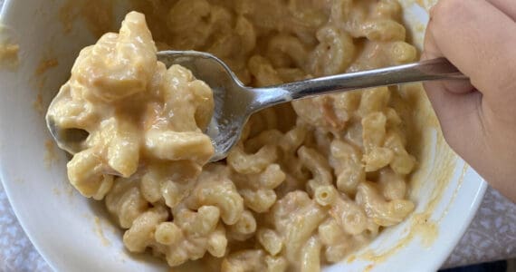 This healthier version of the kid-approved classic is made with pureed sweet potato that makes the dish a vibrant orange, and nutritional yeast imparts a savory, cheesy flavor. (Photo by Tressa Dale/Peninsula Clarion.)