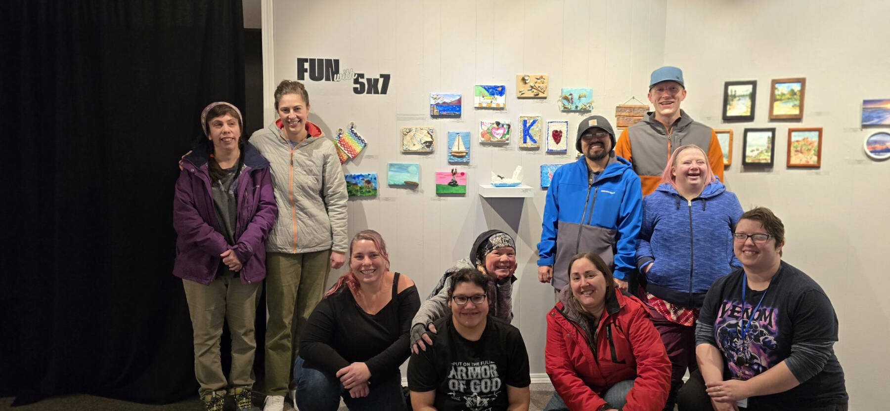 Artists with Homers Artability, part of the Independent Living Centers programs, pose with their artwork on display in Homer Council on the Arts 2024 Fun with 5x7 exhibit. Photo provided by the Independent Living Center