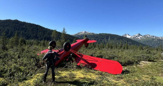 The downed aircraft near Haines, Alaska, Aug. 24, 2025. The pilot was the only person aboard the aircraft and had no reported injuries. (U.S. Coast Guard photo courtesy of Air Station Sitka)