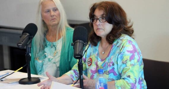 Candidates for the Kenai Peninsula Borough Assembly’s Kalifornsky seat, Teresa Mullican and Joan Corr, participate in a forum at the Soldotna Public Library in Soldotna, Alaska, on Thursday, Aug. 21, 2025. (Jake Dye/Peninsula Clarion)