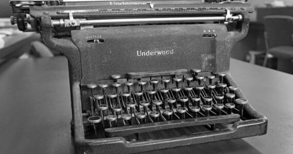 A vintage Underwood typewriter sits on a table on Tuesday, Feb. 22, 2022, at the Homer News in Homer, Alaska. (Photo by Michael Armstrong/Homer News)