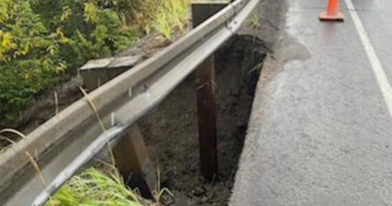 The northbound shoulder of the Sterling Highway is washed out at Mile 157, near the intersection with Old Sterling Highway between Homer and Anchor Point, on Thursday, Aug. 28, 2025. (Photo courtesy of the Alaska Department of Transportation
