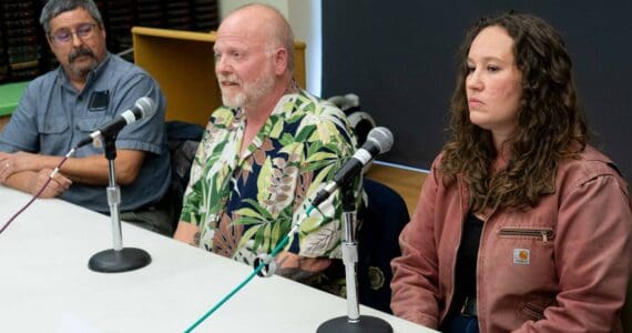John Osenga, Michael Calhoon and Casie Warner participate in a Seward City Council candidate forum hosted by KBBI 890 AM and the Peninsula Clarion at the Seward Community Library and Museum in Seward, Alaska, on Thursday, Sept. 12, 2024. (Jake Dye/Peninsula Clarion)