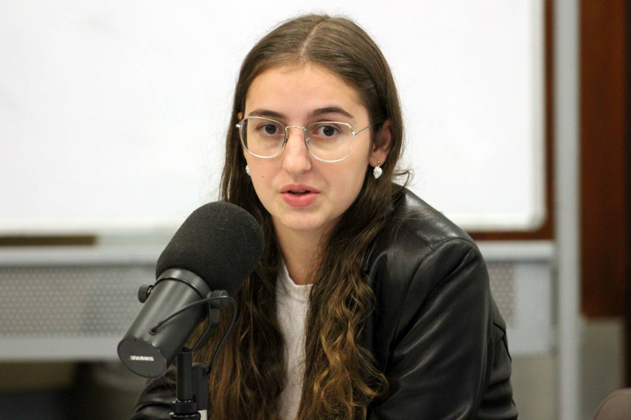 Sadie Friedman, one of the candidates for the Kenai Peninsula Borough Assembly’s Sterling and Funny River seat, speaks during a candidate forum at the Soldotna Public Library on Thursday, Aug. 28, 2025. (Jake Dye/Peninsula Clarion)