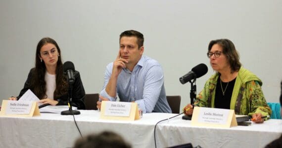 Sadie Friedman, Dale Eicher and Leslie Morton, candidates for the Kenai Peninsula Borough Assembly’s Sterling and Funny River seat, participate in a candidate forum at the Soldotna Public Library on Thursday, Aug. 28, 2025. (Jake Dye/Peninsula Clarion)