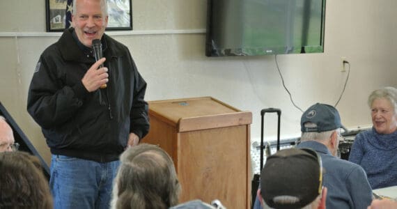 U.S. Senator Dan Sullivan, R-Alaska, speaks to Anchor Point residents during a community meeting held at the Virl “Pa” Haga VFW Post 10221 on Friday, May 30, 2025, in Anchor Point, Alaska. (Delcenia Cosman/Homer News)