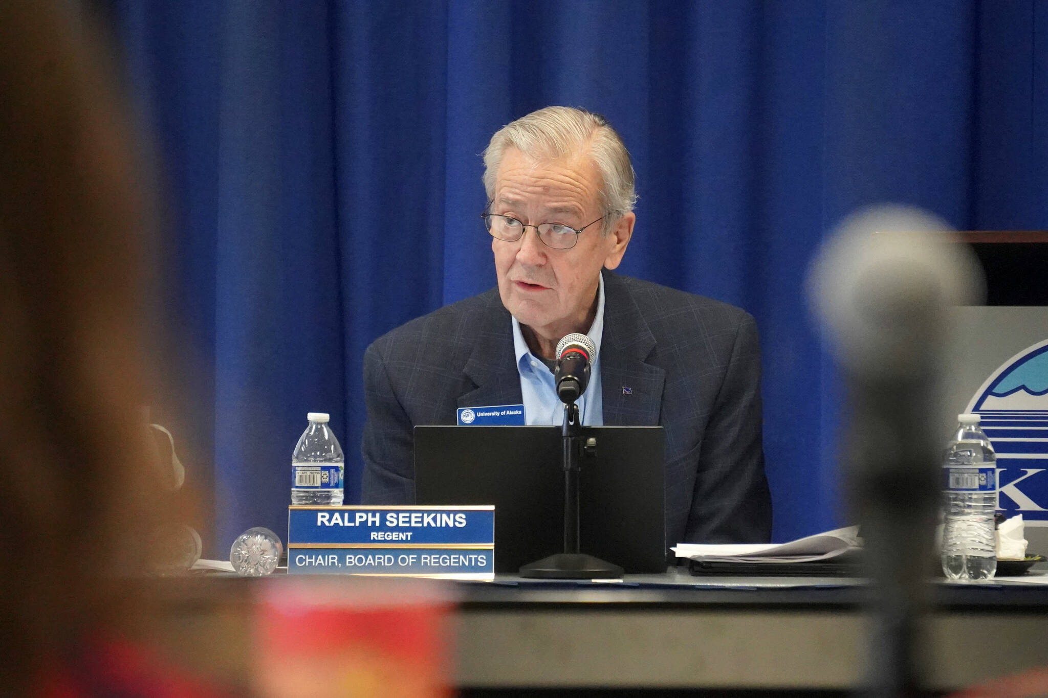 Jake Dye / Peninsula Clarion
University of Alaska Board of Regents Chair Ralph Seekins speaks during a meeting at Kenai Peninsula College in Soldotna, on Feb. 22.