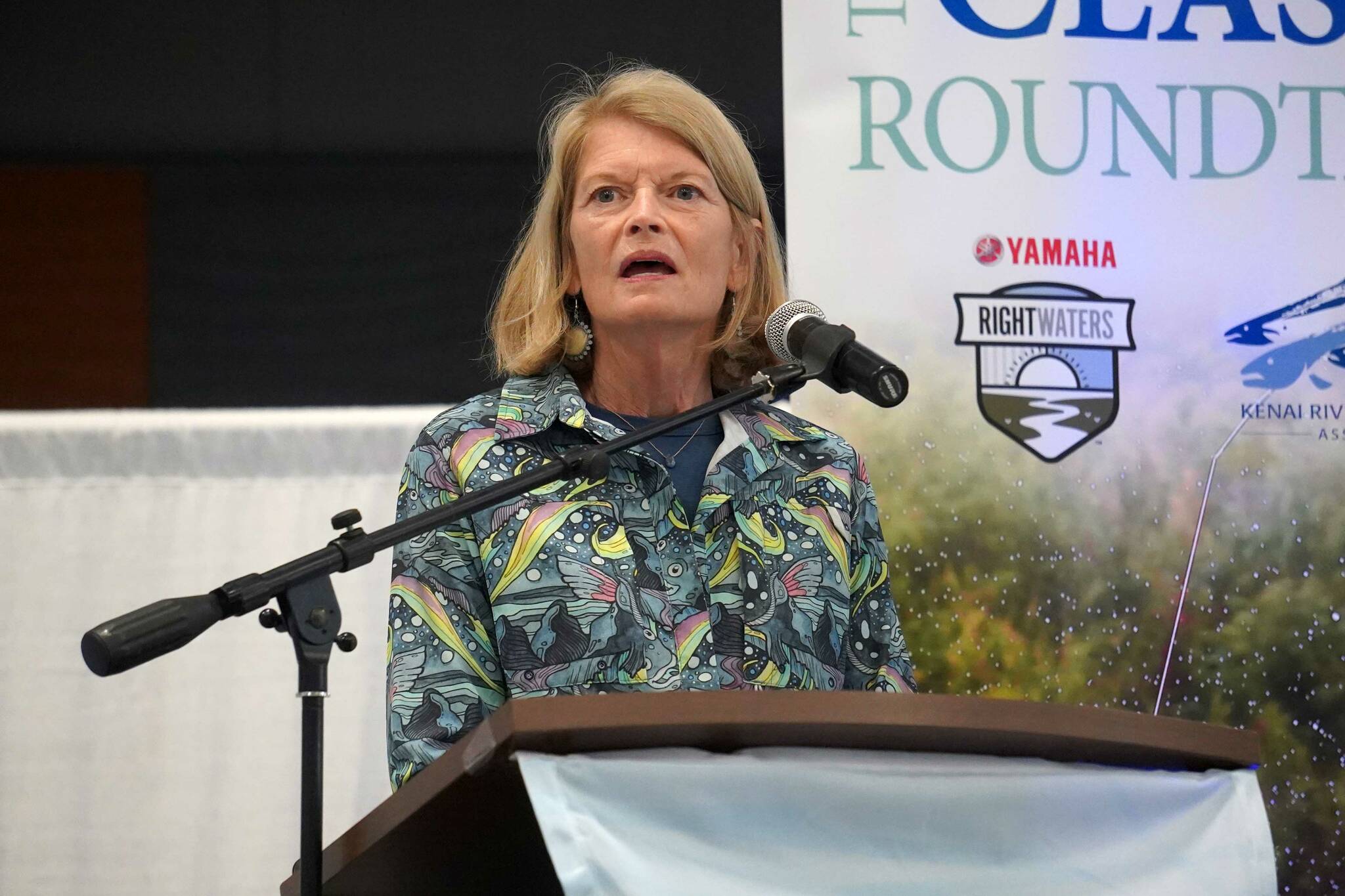 U.S. Sen. Lisa Murkowski speaks during the Kenai Classic Roundtable hosted by the Kenai River Sportfishing Association at the Soldotna Field House on Aug. 20, 2025, in Soldotna, Alaska. (Jake Dye/Peninsula Clarion)