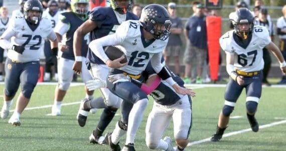 Homer's CJ Burns runs the ball against Redington on Friday, Sept. 5, 2025, at Redington Jr/Sr High School in Wasilla, Alaska. (Photo by Bruce Eggleston/matsusports.net)