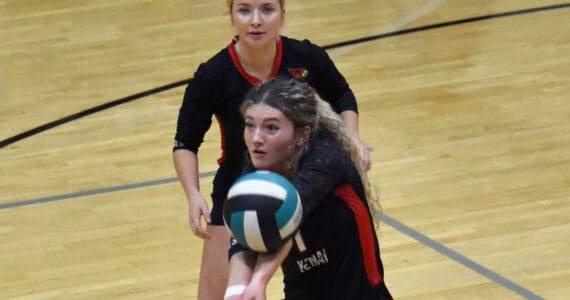 Kenai Central's Sophie Tapley digs up a ball against Palmer on Saturday, Sept. 6, 2025, at the 18th annual Shayna Pritchard Memorial Volleyball Tournament at Nikiski Middle-High School in Nikiski, Alaska. (Photo by Jeff Helminiak/Peninsula Clarion)