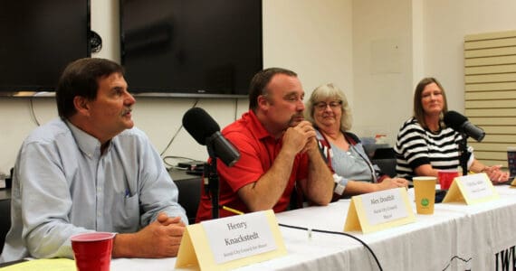 Henry Knackstedt, Alex Douthit, Victoria Askin and Bridget Grieme participate in a forum with candidates for Kenai mayor and city council at the Kenai Community Library in Kenai, Alaska, on Thursday, Sept. 4, 2025. (Jake Dye/Peninsula Clarion)