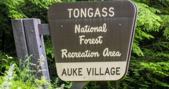 The Tongass National Forest sign stands near the Auke Village Recreation Area. (Michael Penn | Juneau Empire File)
