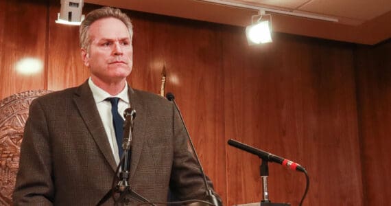 Gov. Mike Dunleavy holds a press conference on Monday, May 19, 2025, to discuss his decision to veto an education bill. (Jasz Garrett / Juneau Empire file photo)
