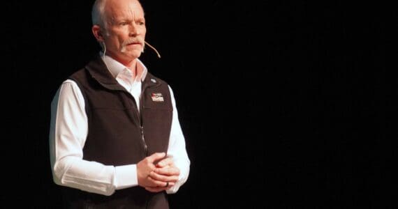 Homer Electric Association General Manager Brad Janorschke speaks at the utility’s annual meeting of the members at Kenai Central High School in Kenai, Alaska, on Thursday, May 1, 2025. (Jake Dye/Peninsula Clarion)