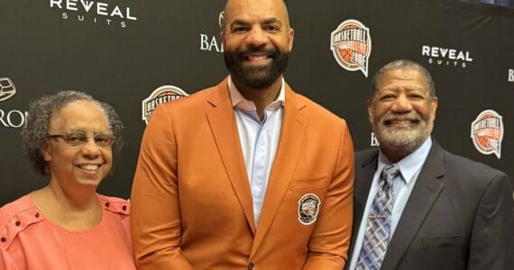 Renee Boozer, Carlos Boozer Jr. and Carlos Boozer Sr. attend the enshrinement ceremony at the Naismith Basketball Hall of Fame in Sprinfield, Massachusetts, on Saturday, Sept. 6, 2025. As a member of the 2008 U.S. men's Olympic team, Boozer Jr. is a member of the 2025 class. (Photo provided by Carlos Boozer Sr.)