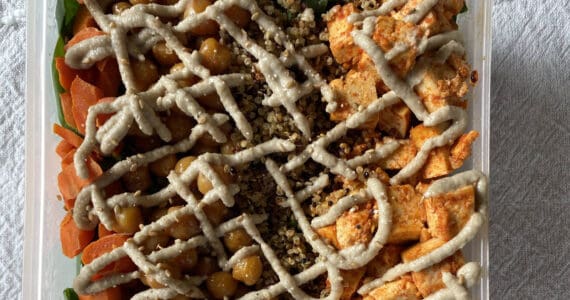 Roasted tofu and quinoa salad with sunflower miso dressing make a high-protein salad to fuel busy afternoons. (Photo by Tressa Dale/Peninsula Clarion)