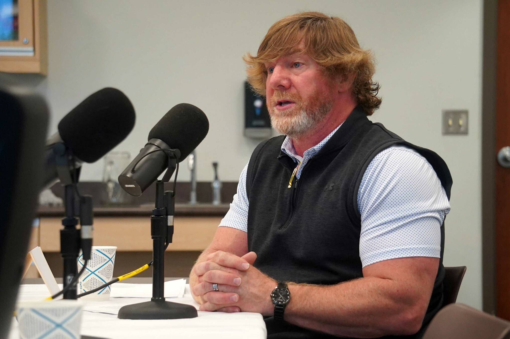 Sargeant Truesdell speaks during a forum with candidates for the Soldotna seat on the Kenai Peninsula Borough Assembly at the Soldotna Public Library in Soldotna, Alaska, on Wednesday, Sept. 10, 2025. (Jake Dye/Peninsula Clarion)