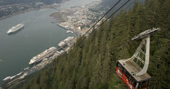 The Mount Roberts Tramway car nears the top of its run above Juneau, Alaska. (Michael Penn | Juneau Empire File)