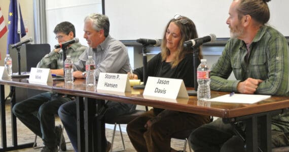(from left to right) Elias Garvey, John Mink, Storm Hansen and Jason Davis answer questions during the Homer City Council candidate forum hosted by the Homer Chamber of Commerce on Tuesday, Sept. 16, 2025, at Kachemak Bay Campus in Homer, Alaska. (Delcenia Cosman/Homer News)