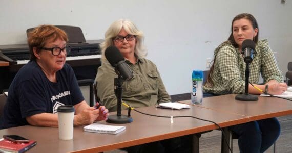 Patti Truesdell, Donna Anderson and Shelby Oden, candidates for the Kalifornsky seat on the Kenai Peninsula Borough School District Board of Education, participate in a forum at the Soldotna Public Library in Soldotna, Alaska, on Monday, Sept. 15, 2025. (Jake Dye/Peninsula Clarion)