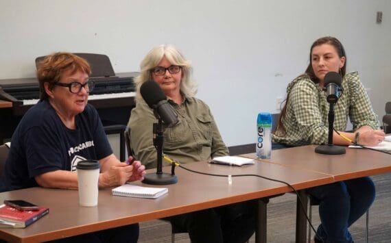 Patti Truesdell, Donna Anderson and Shelby Oden, candidates for the Kalifornsky seat on the Kenai Peninsula Borough School District Board of Education, participate in a forum at the Soldotna Public Library in Soldotna, Alaska, on Monday, Sept. 15, 2025. (Jake Dye/Peninsula Clarion)