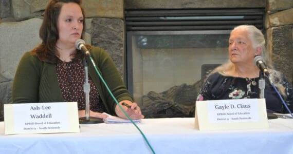 Ash-Lee Waddell and Gayle Claus, candidates for the District 9 seat of the Kenai Peninsula Borough School District Board of Education, answer questions during an election forum hosted by the Peninsula Clarion and KBBI AM 890 on Thursday, Sept. 18, 2025, at the Homer Public Library in Homer, Alaska. (Delcenia Cosman/Homer News)