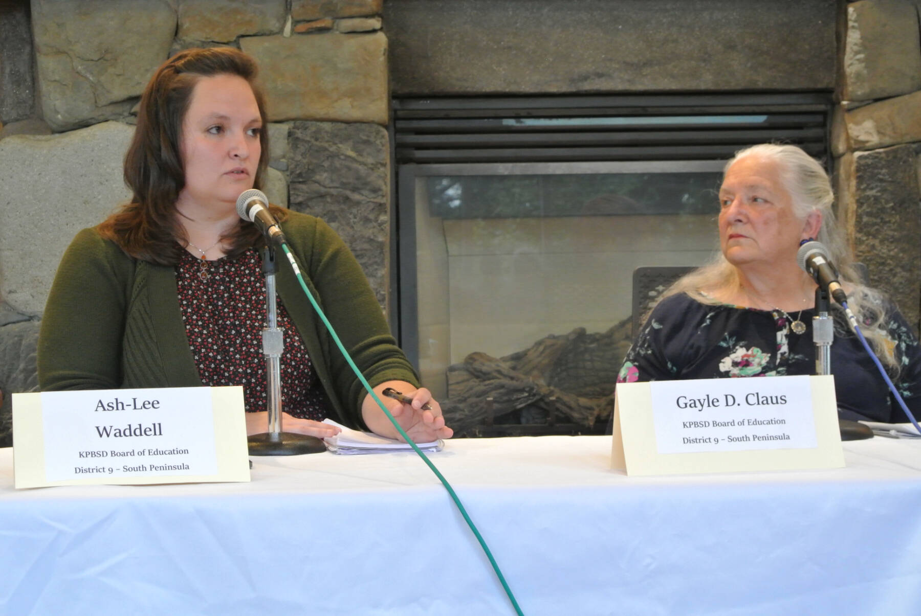 Ash-Lee Waddell and Gayle Claus, candidates for the District 9 seat of the Kenai Peninsula Borough School District Board of Education, answer questions during an election forum hosted by the Peninsula Clarion and KBBI AM 890 on Thursday, Sept. 18, 2025, at the Homer Public Library in Homer, Alaska. (Delcenia Cosman/Homer News)