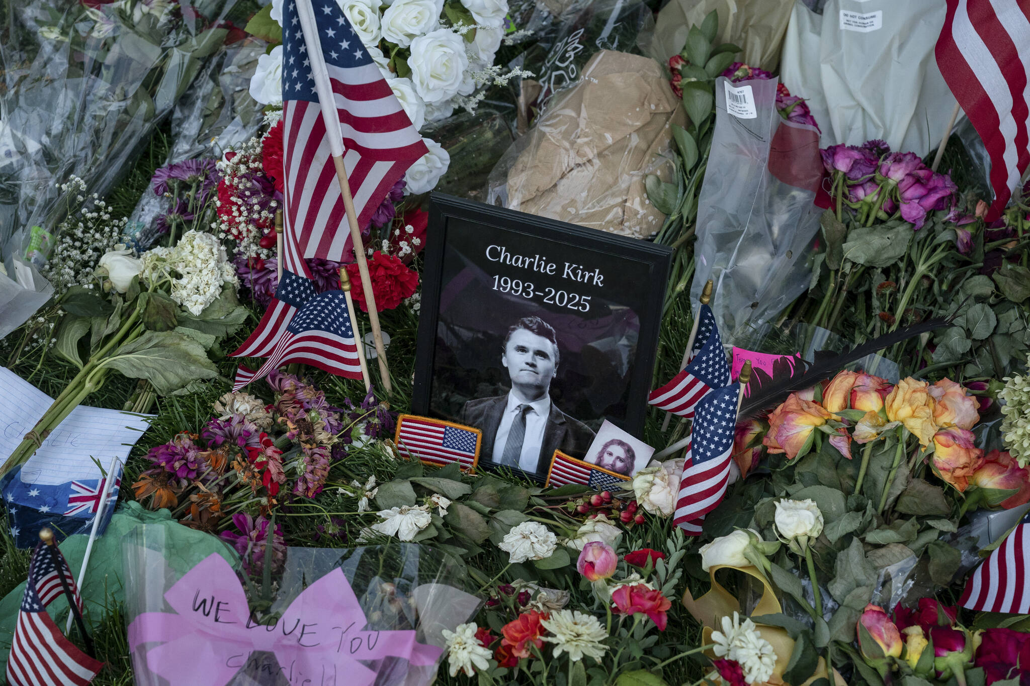 Items at a makeshift memorial for Charlie Kirk, who was fatally shot last week, on the campus at Utah Valley University in Orem, Utah, Sept. 16, 2025. (Loren Elliott/The New York Times)