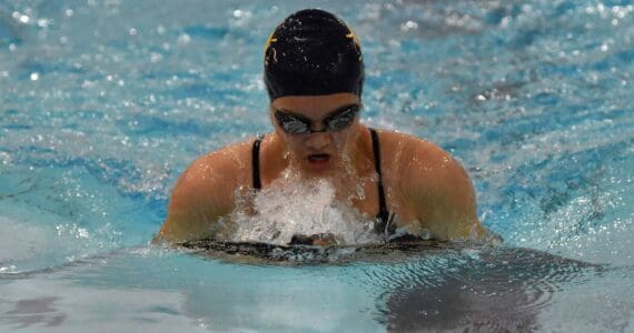 Homer's Marina Co competes in the 100-yard breaststroke at the Kenai Invitational at Kenai Central High School on Saturday, Sept. 20, 2025, in Kenai, Alaska. (Photo by Jeff Helminiak/Peninsula Clarion)