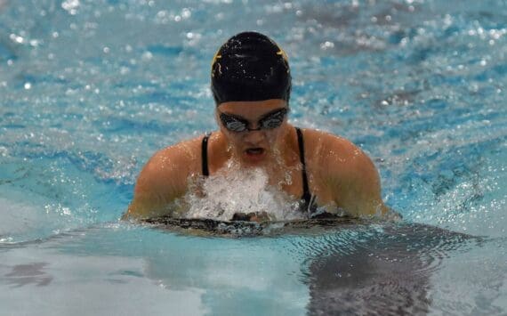 Homer's Marina Co competes in the 100-yard breaststroke at the Kenai Invitational at Kenai Central High School on Saturday, Sept. 20, 2025, in Kenai, Alaska. (Photo by Jeff Helminiak/Peninsula Clarion)