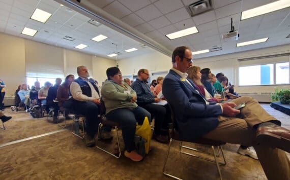 Kachemak Bay Writers’ Conference attendees fill the room in Kachemak Bay Campus’s Pioneer Hall during the opening panel on Saturday, May 18, 2024 in Homer, Alaska. (Delcenia Cosman/Homer News)