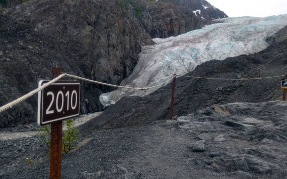Photo by Erin Thompson/Peninsula Clarion 
A sign along a trail to Exit Glacier marks the spot to where the toe of the glacier reached in 2010, photographed on June 22, 2018.