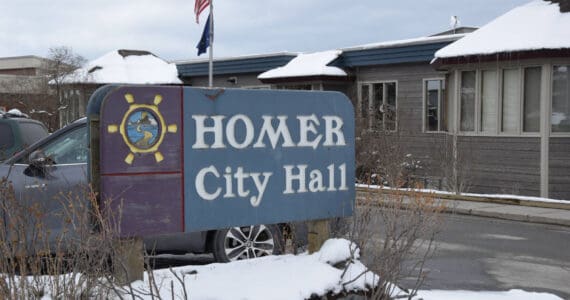 Snow blankets Homer City Hall on April 10, 2025, in Homer, Alaska. (Homer News file photo)